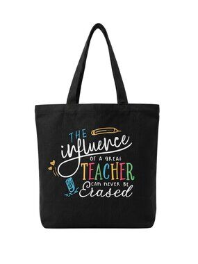NWOT | "Influence of a Great Teacher" Black Canvas Tote Bag 15"x13"